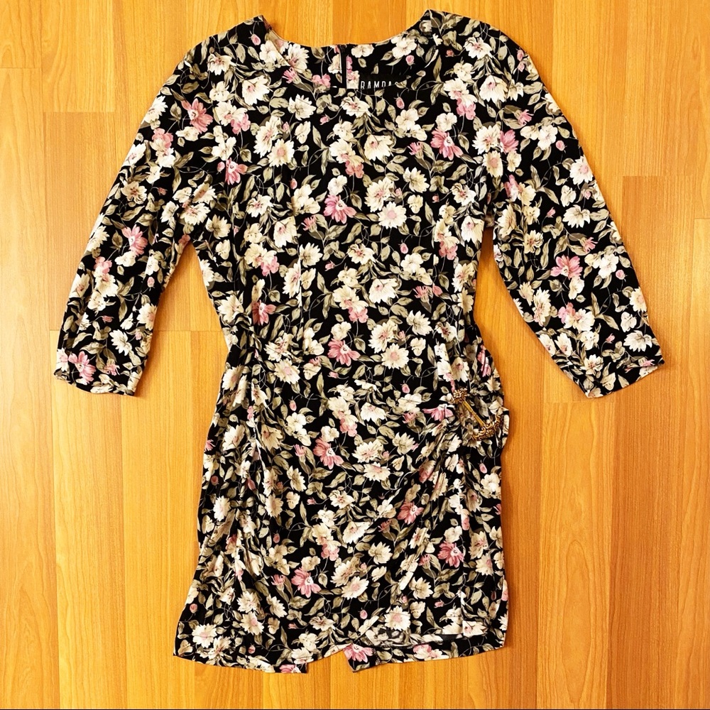 Vintage 90s ditsy floral print rayon bodycon dress with brass buckle detail